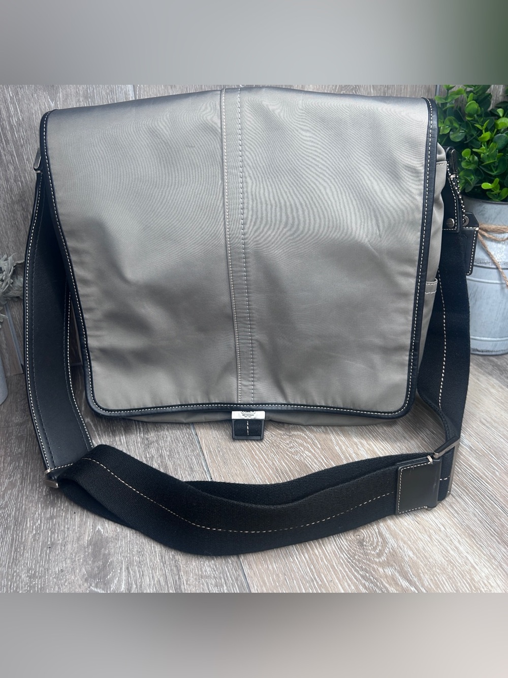 Coach Gray & Black Leather Trim Messenger Bag • Crossbody Laptop Satchel •